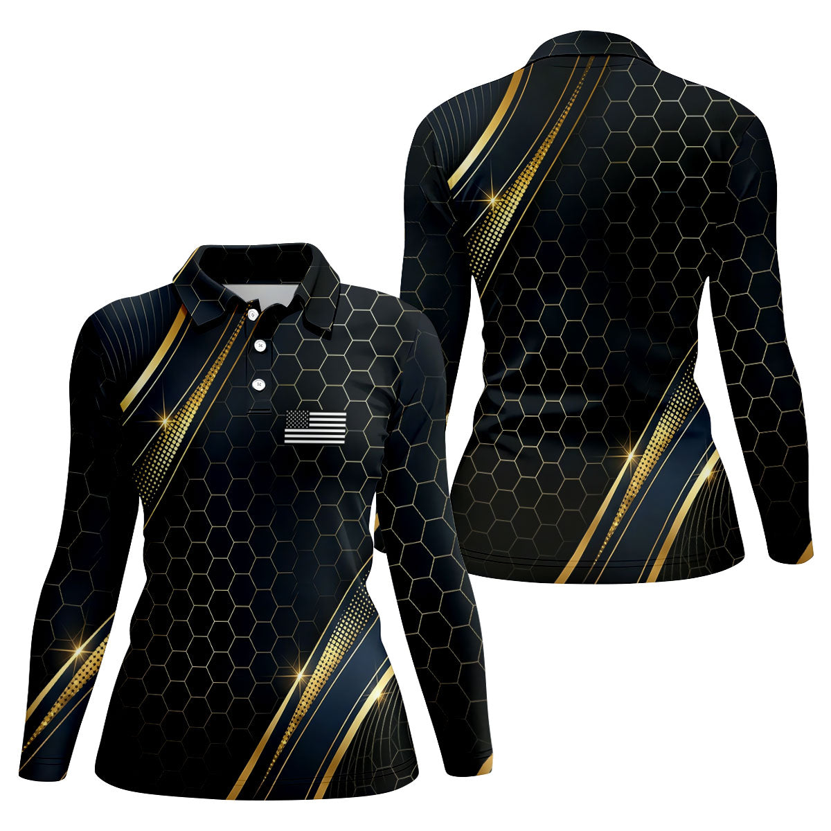 Gold Hexagonal US Flag Logo Retro Golf Shirt, 250 Years Patriotic 4th Of July Golf Shirt For Women