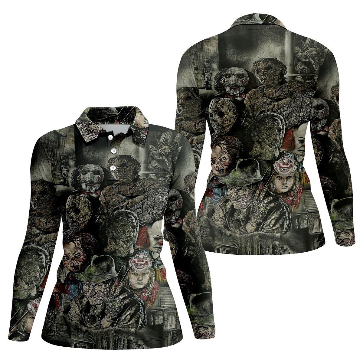 Horror Character Collage Golf Polo Shirt, Women's Golf Polo, Ladies Golf Shirts