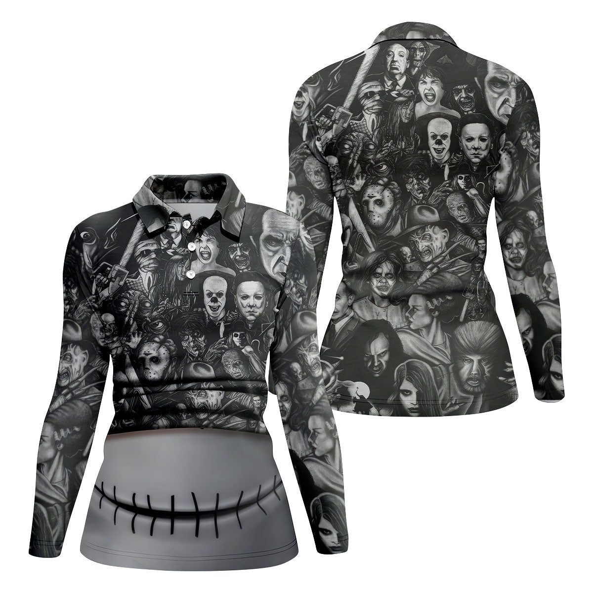 Stitched Skull Horror Character Halloween Polo Shirt, Women's Golf Tops, Ladies Golf Top
