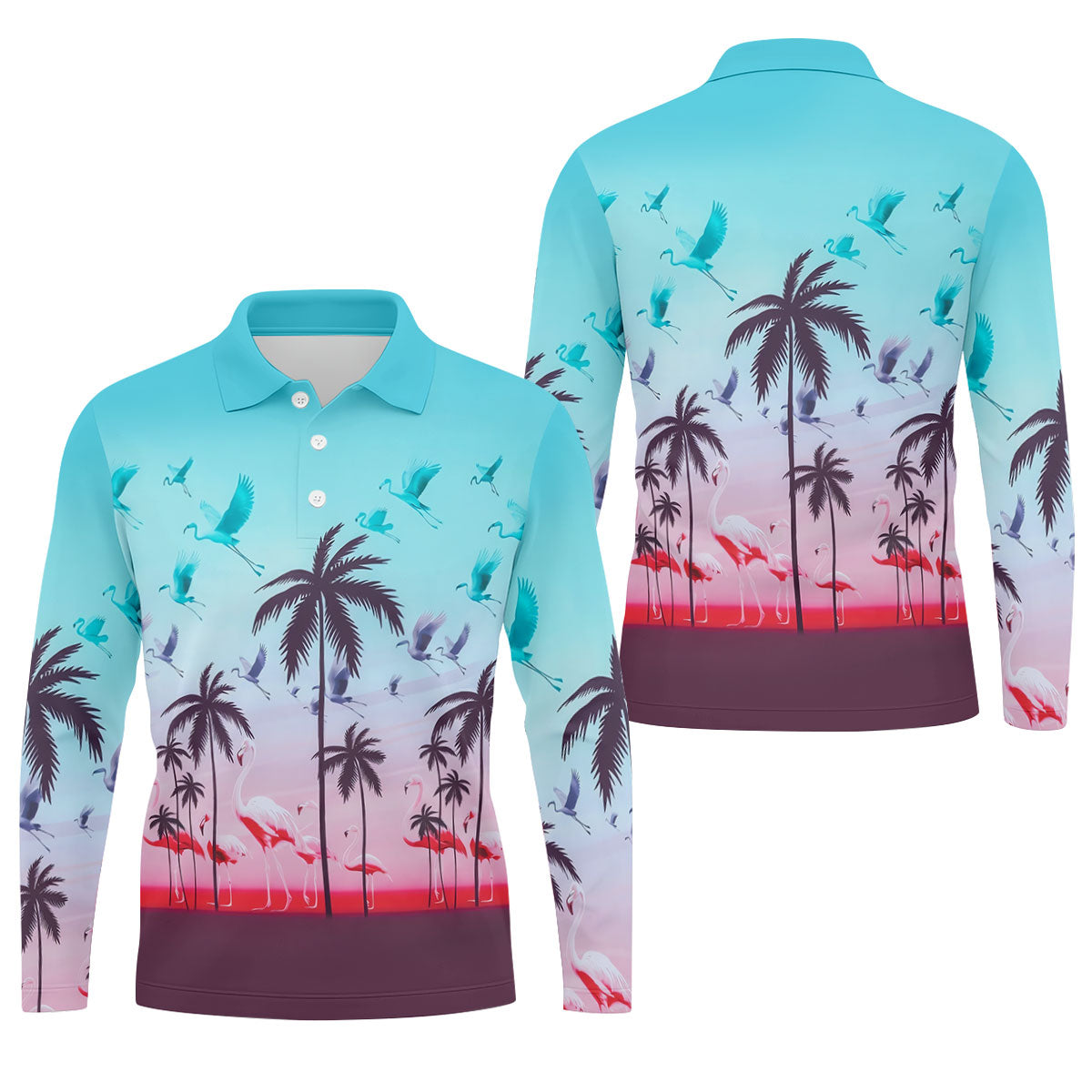 Tropical Flamingo Sunset Hawaiian Golf Shirt, Printed Golf Shirts, Golf Polo Shirts For Men
