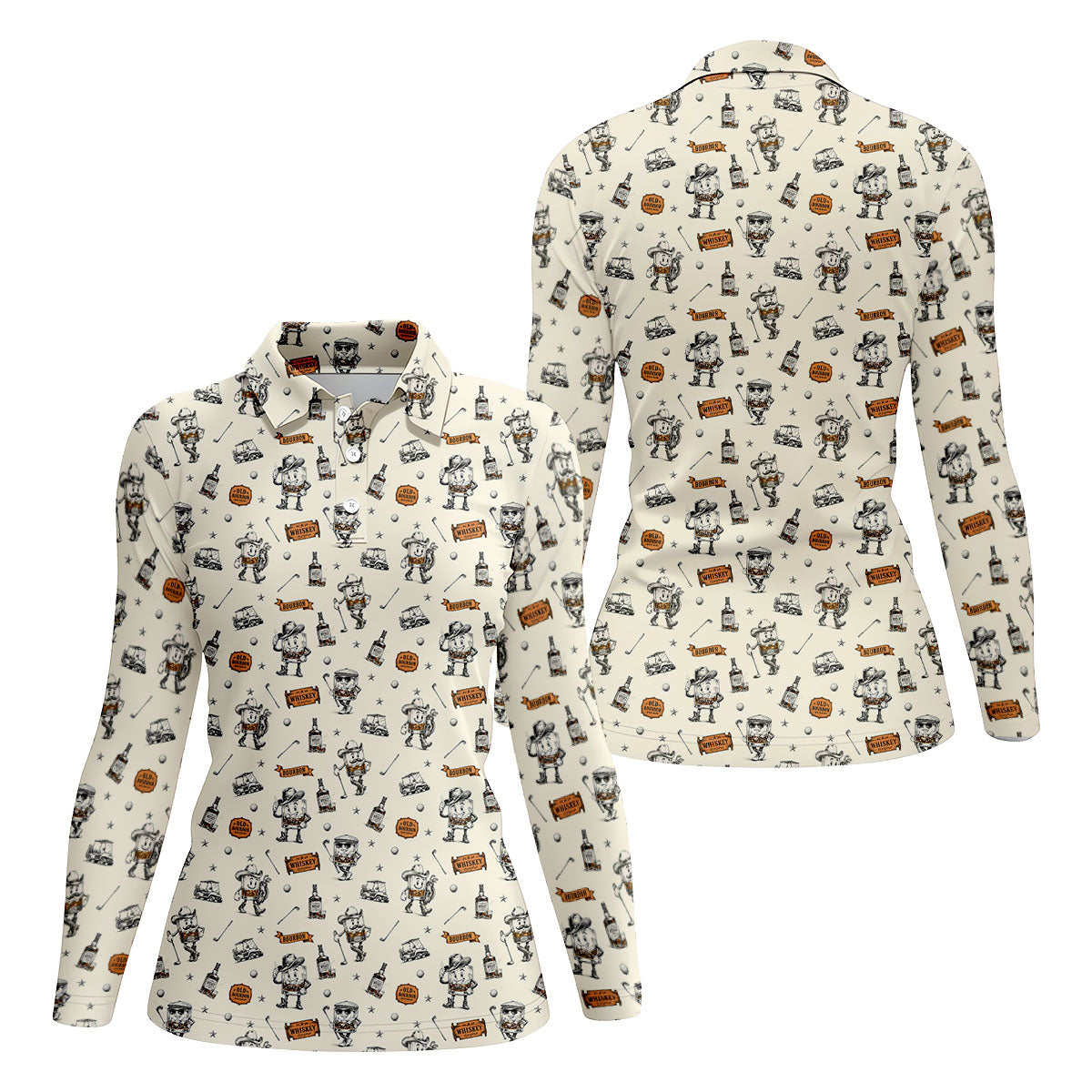 Vintage Bourbon Whiskey Golf Pattern Polo Shirt, Golf Shirts For Women, Women's Golf Apparel