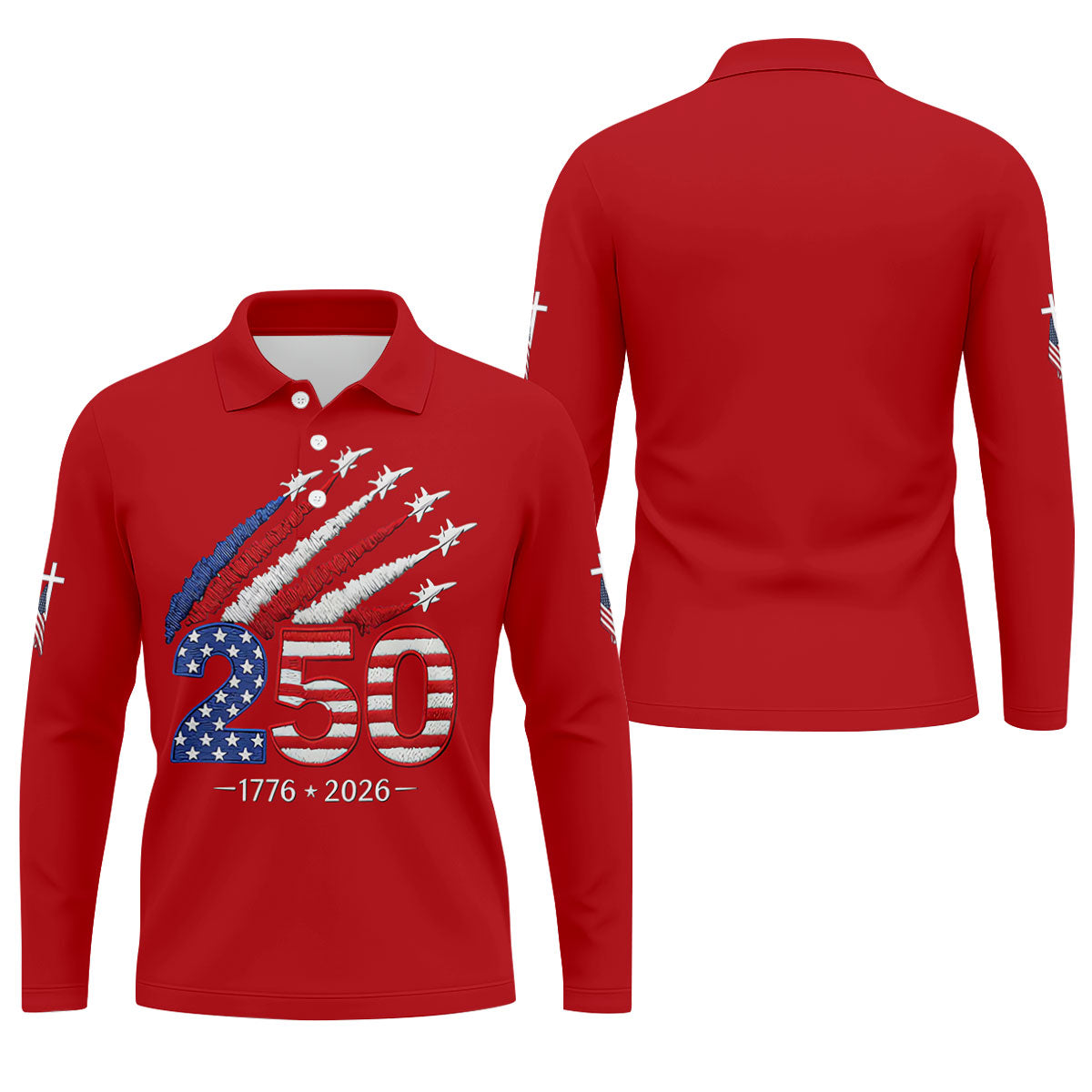 Flying Fighter Jets Faith Cross Patriotic 4th Of July Red Golf Shirt, 250 Years Golf Shirts For Men