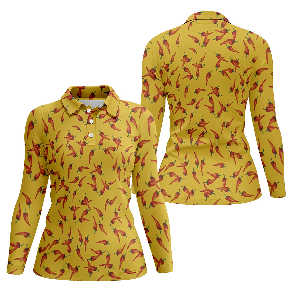 Red Chilli Yellow Hawaiian Golf Shirt, Summer Vibe Ladies Golf Tops, Golf Shirt For Women