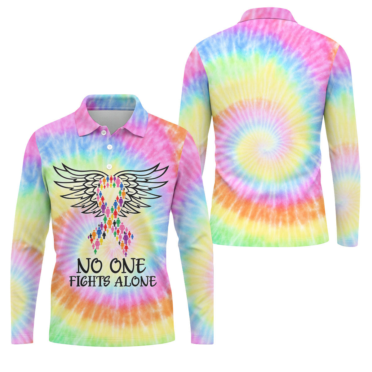 No One Fights Alone Cancer Ribbon Wings Polo Shirt, Golf Shirts For Men, Mens Golf Shirts