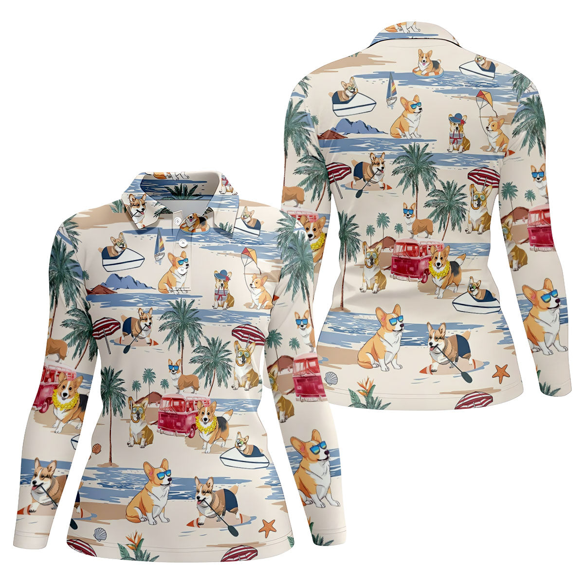 Cute Corgi Beach Vacation Tropical Golf Polo Shirt, Golf Shirts For Women, Women's Golf Apparel