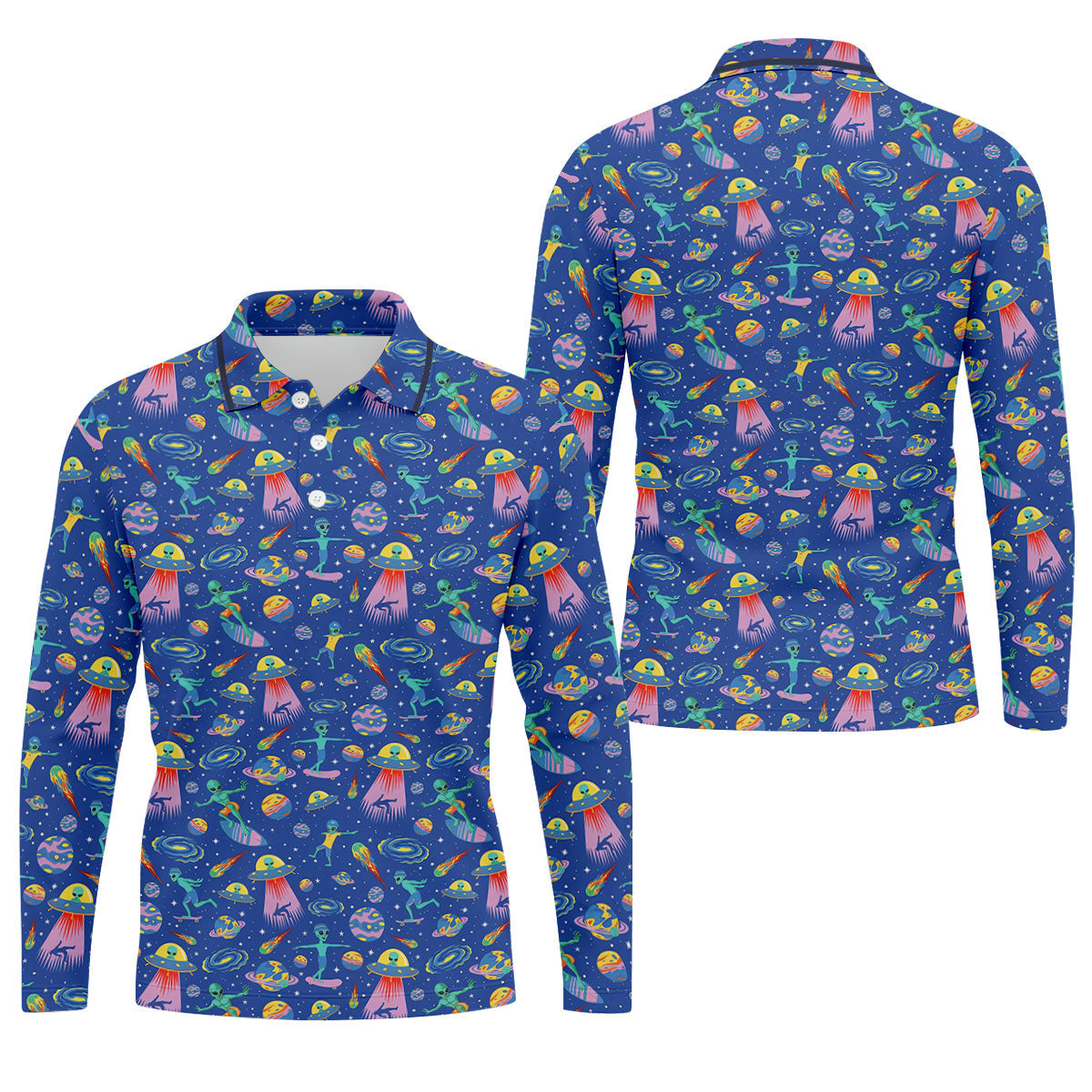 Surfing Alien Space Galaxy Hawaiian Golf Shirt, Hawaiian Golf Shirt, Golf Shirts For Men