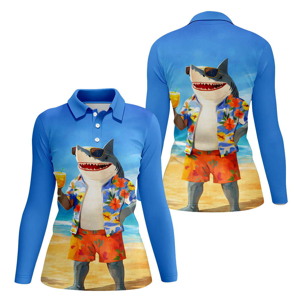 Funny Shark On Tropical Beach Vacation Golf Polo Shirt, Golf Shirts For Women, Women's Golf Apparel