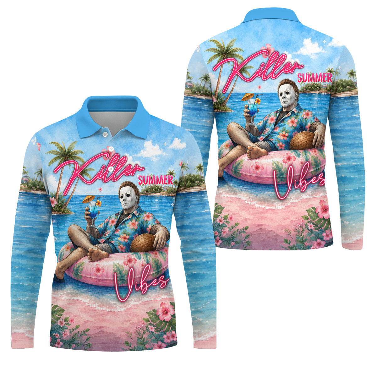 Killer Summer Vibes Tropical Slasher Golf Polo Shirt, Horror Character Men's Golf Shirt, Mens Golf Polo