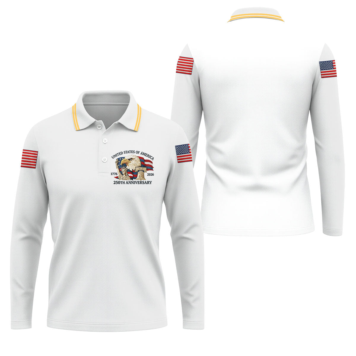 Bald Eagle American Flag 250 Years White Golf Shirt, Patriotic 4th Of July Golf Shirts For Men