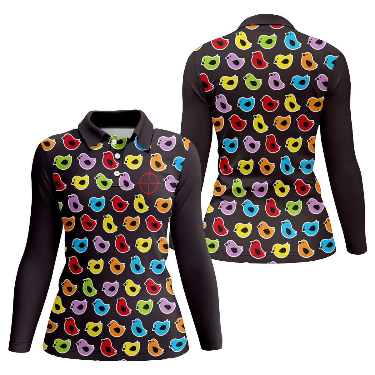 Black Colorful Birdie Hunting Golf Polo Shirt, Women's Golf Polo, Ladies Golf Top