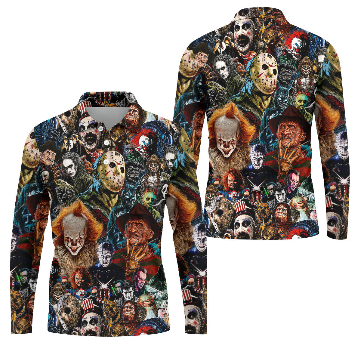 Iconic Horror Character Legends Collage Golf Polo Shirt, Mens Golf Shirts, Printed Golf Shirts
