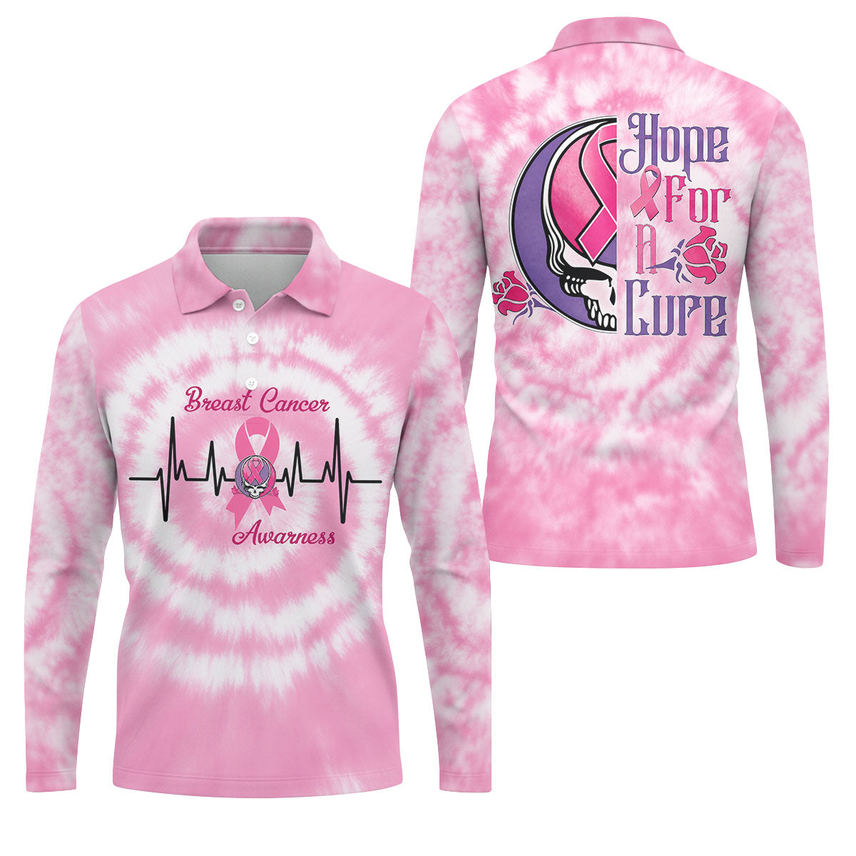 Hope For A Cure Tie Dye Skull Breast Cancer Polo Shirt, Mens Golf Polo, Printed Golf Shirts