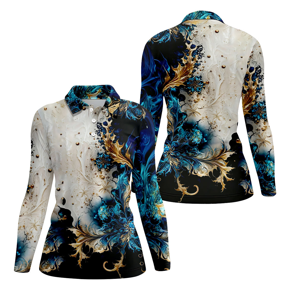 Metallic Flower Fractal Art Hawaiian Golf Shirt, Retro Golf Shirt, Women's Golf Tops
