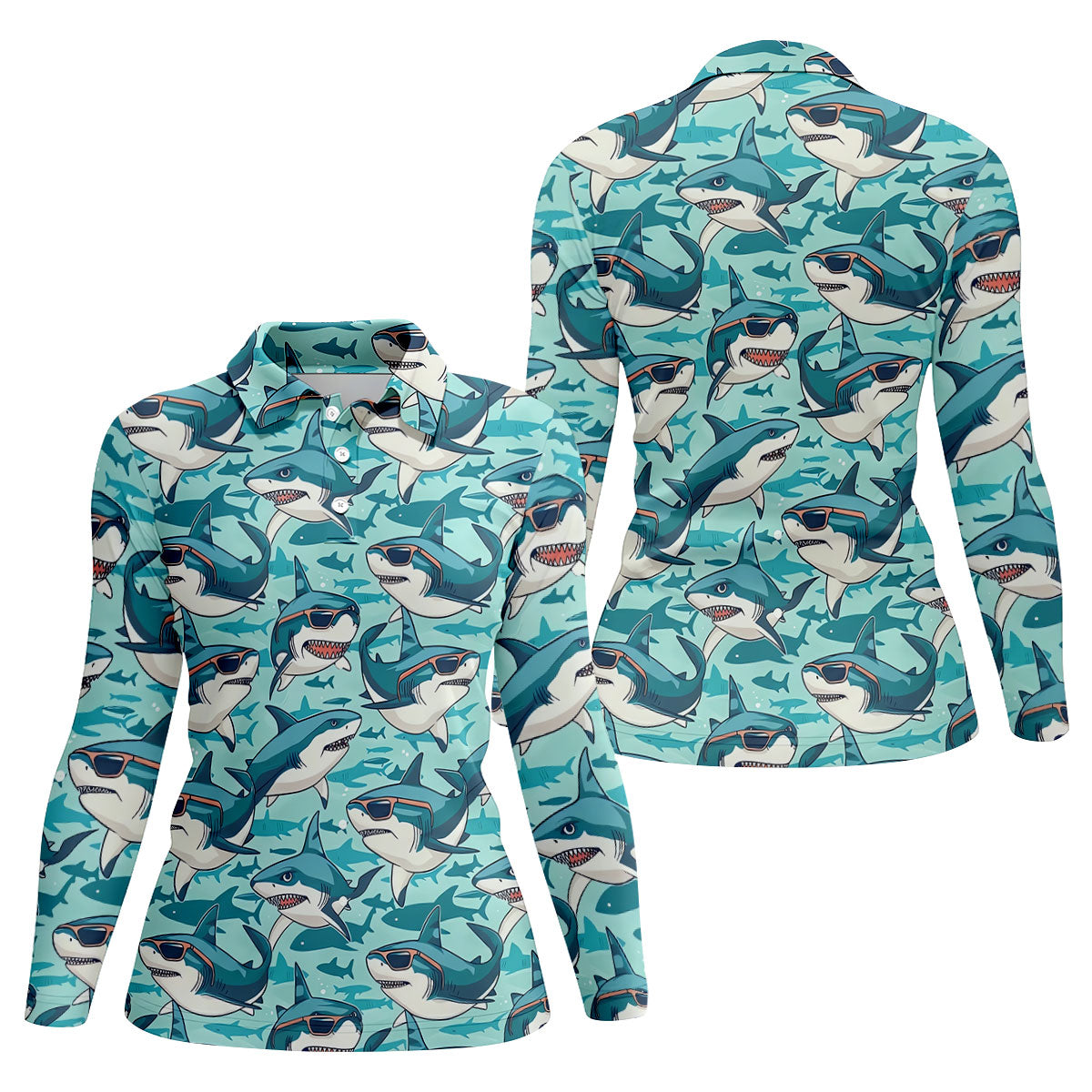 Animated Shark Hawaiian Golf Shirt, Fun Women's Golf Shirts, Ladies Golf Shirts