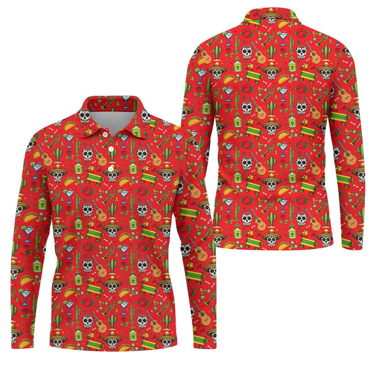 Decorated Skulls Party Items Cinco De Mayo Celebration Fiesta Themed Red Golf Shirts For Men