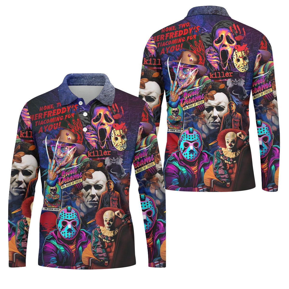 Vintage Horror Character Movie Villain Collage Golf Polo Shirt, Mens Golf Polo, Hawaiian Golf Shirt