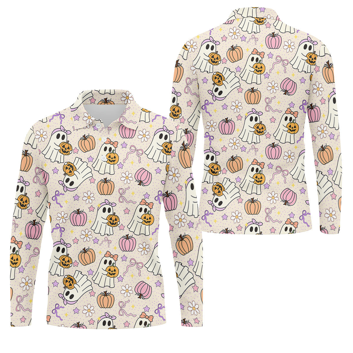 Halloween Seamless Pattern Cute Golf Shirt, Retro Halloween Polo ShirtFor Men, Golfing Apparel