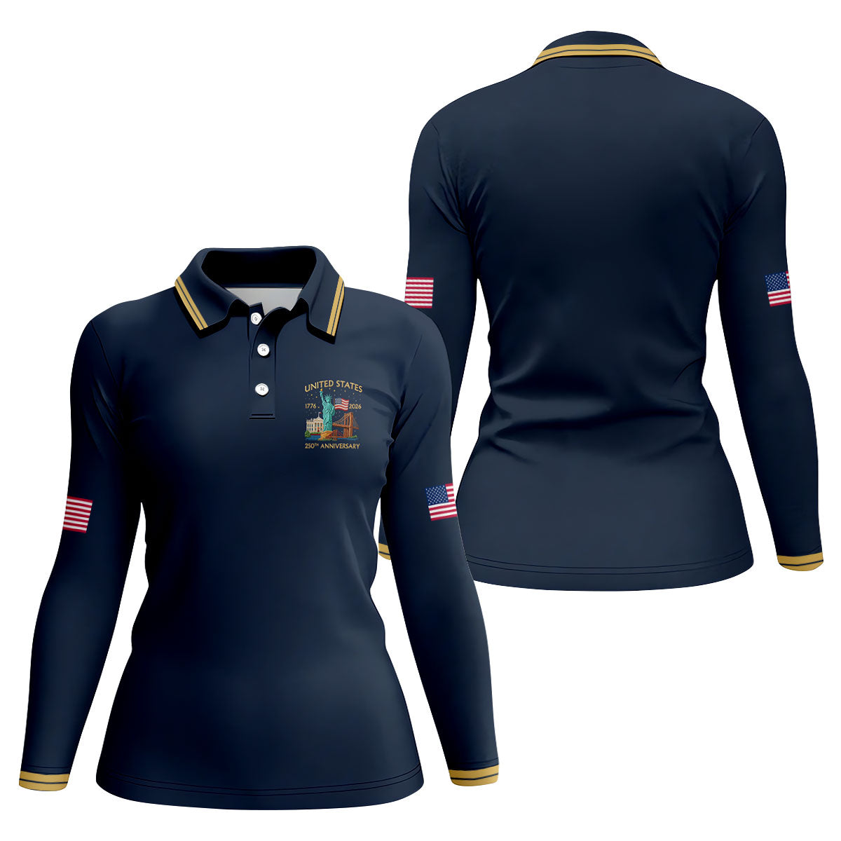 American Symbols Navy Patriotic Golf Shirt, US 250 Years 4th Of July Golf Shirt For Women