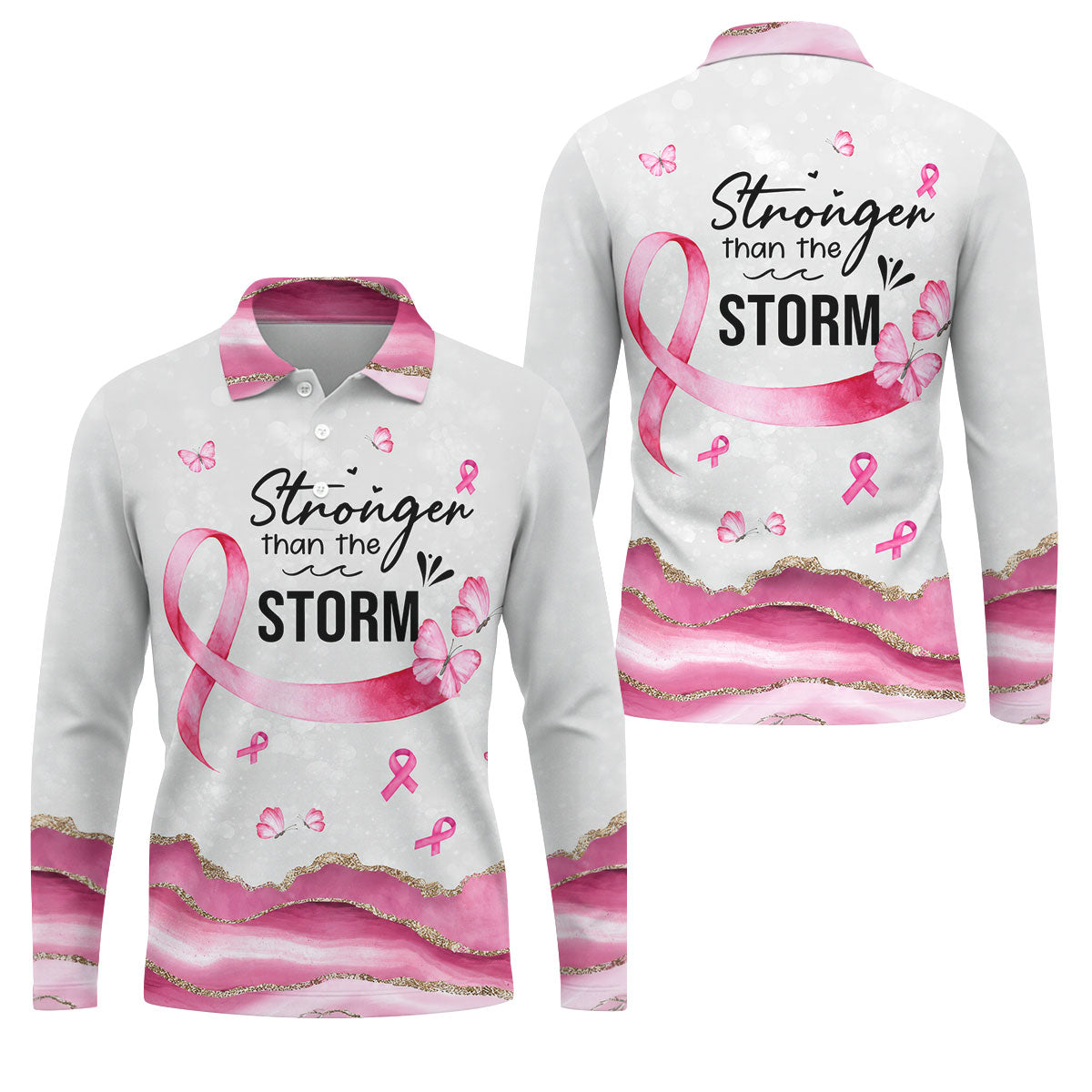 Stronger Than The Storm Breast Cancer Polo Shirt, Men's Golf Shirt, Printed Golf Shirts
