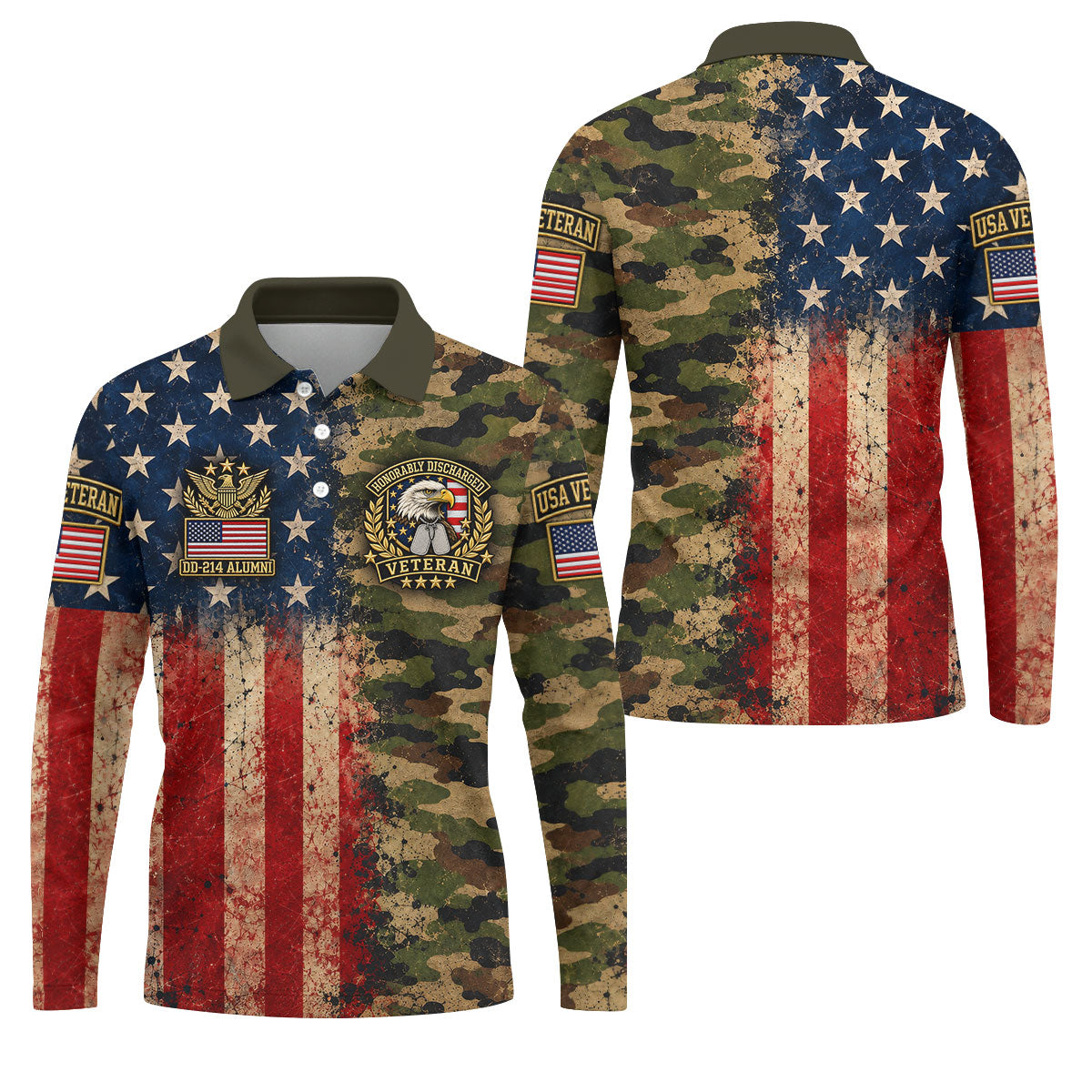 DD-214 Eagle Split USA Flag Camo Polo Shirt, Veterans Day Shirt, Golf Shirts For Men