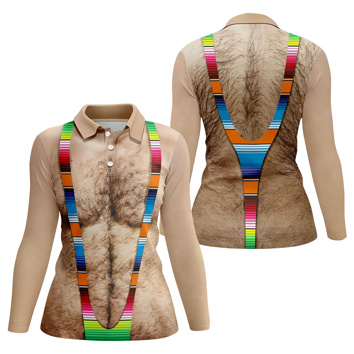 Hairy Body Serape Pattern Funny Cinco De Mayo Ladies Golf Tops, Golf Shirt For Women