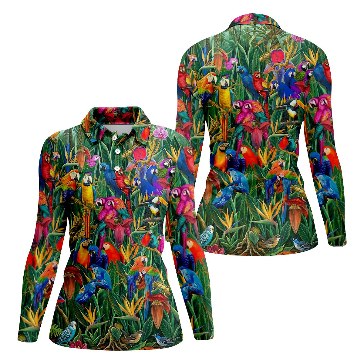 Tropical Colorful Parrots Rainforest Bird Print Golf Polo, Hawaiian Golf Shirt, Women's Golf Apparel