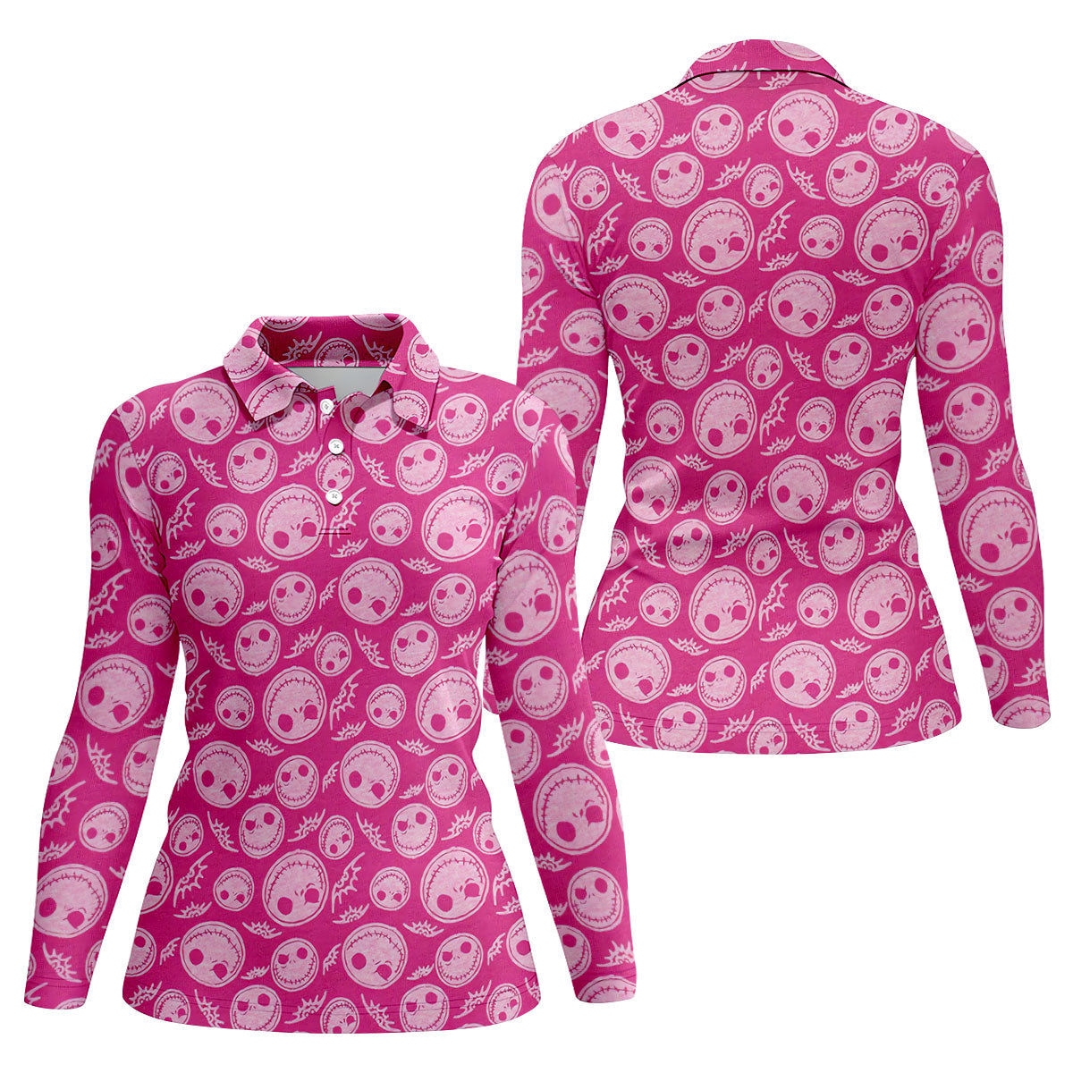 Pink Stitched Skull Halloween Golf Polo Shirt, Golf Tops For Women, Printed Golf Shirt