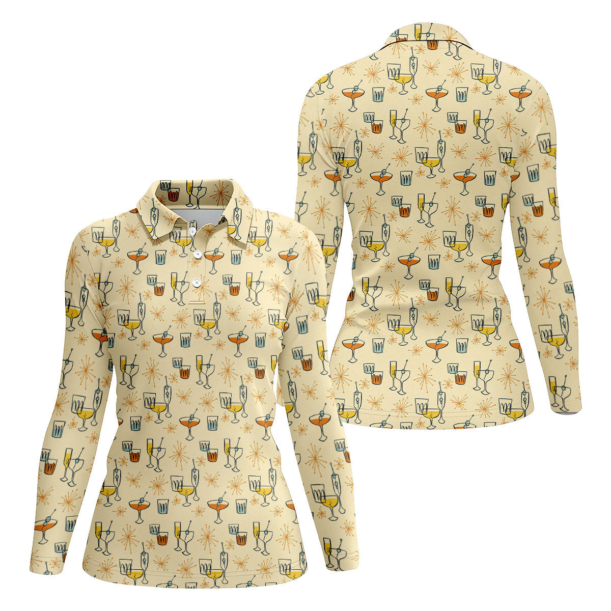 Retro Cocktail Drinks Pattern Golf Polo Shirt, Ladies Golf Tops, Performance Golf Shirt