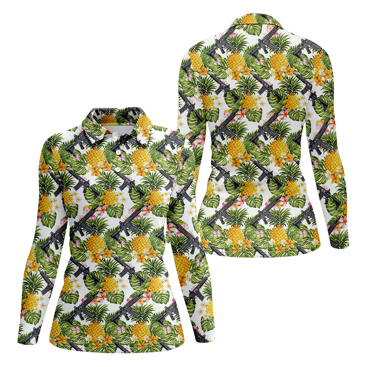 Tropical Pineapple Rifle Hawaiian Golf Shirt Pattern, Hawaiian Golf Shirt, Women’s Golf Apparel