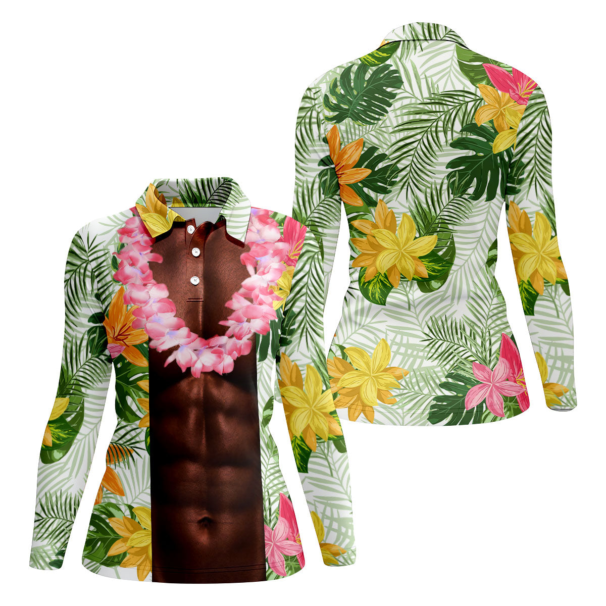Dark Skin Tropical Muscle Chest Hawaiian Golf Polo Shirt, Ladies Golf Shirts, Golf Polo For Women