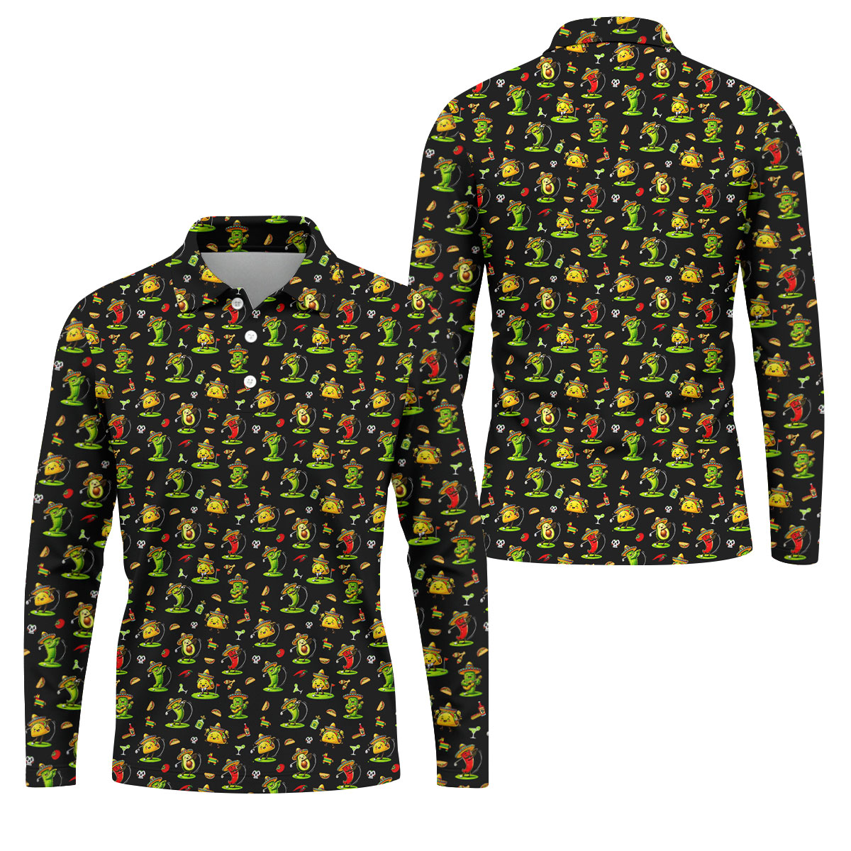 Mexican Cartoon Food Characters Cinco De Mayo Celebration Fiesta Themed Black Golf Shirts For Men