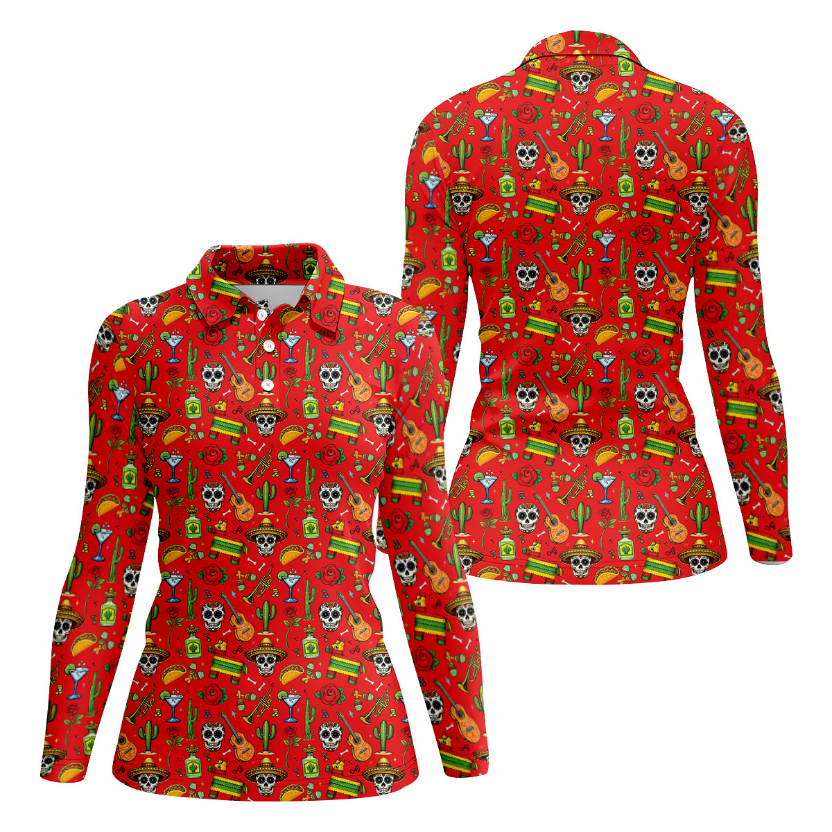Decorated Skulls Party Items Cinco De Mayo Celebration Fiesta Themed Red Golf Shirt For Women