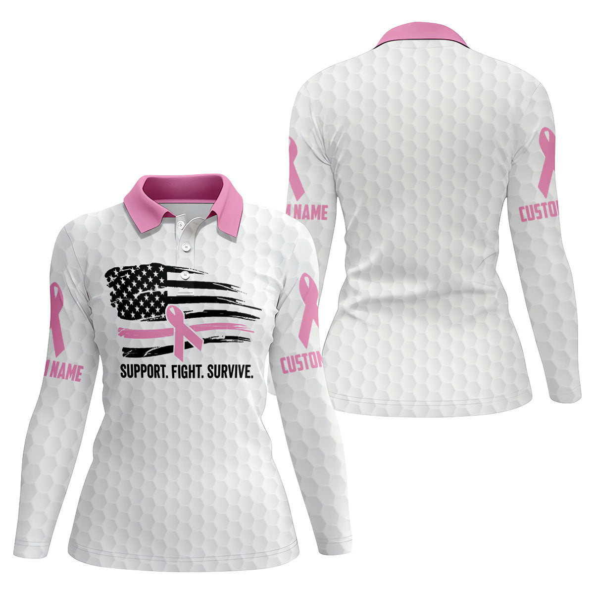 Custom Support Fight Survive Breast Cancer Polo Shirt, Ladies Golf Tops, Women’s Golf Polo