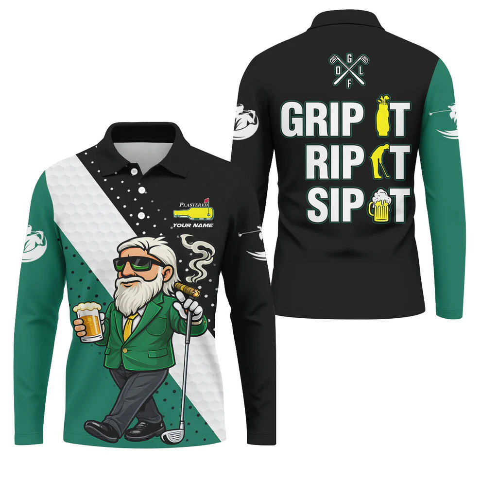 Custom Name Grip It Rip It Sip It Golf Polo - Funny Beer & Golfing Men's Shirt, Plastered Beer Bottle Design Performance Top