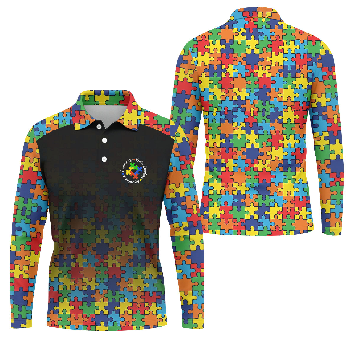 Acceptance Awareness Understanding Autism Awareness Puzzle Pattern Black Fade Golf Shirts For Men