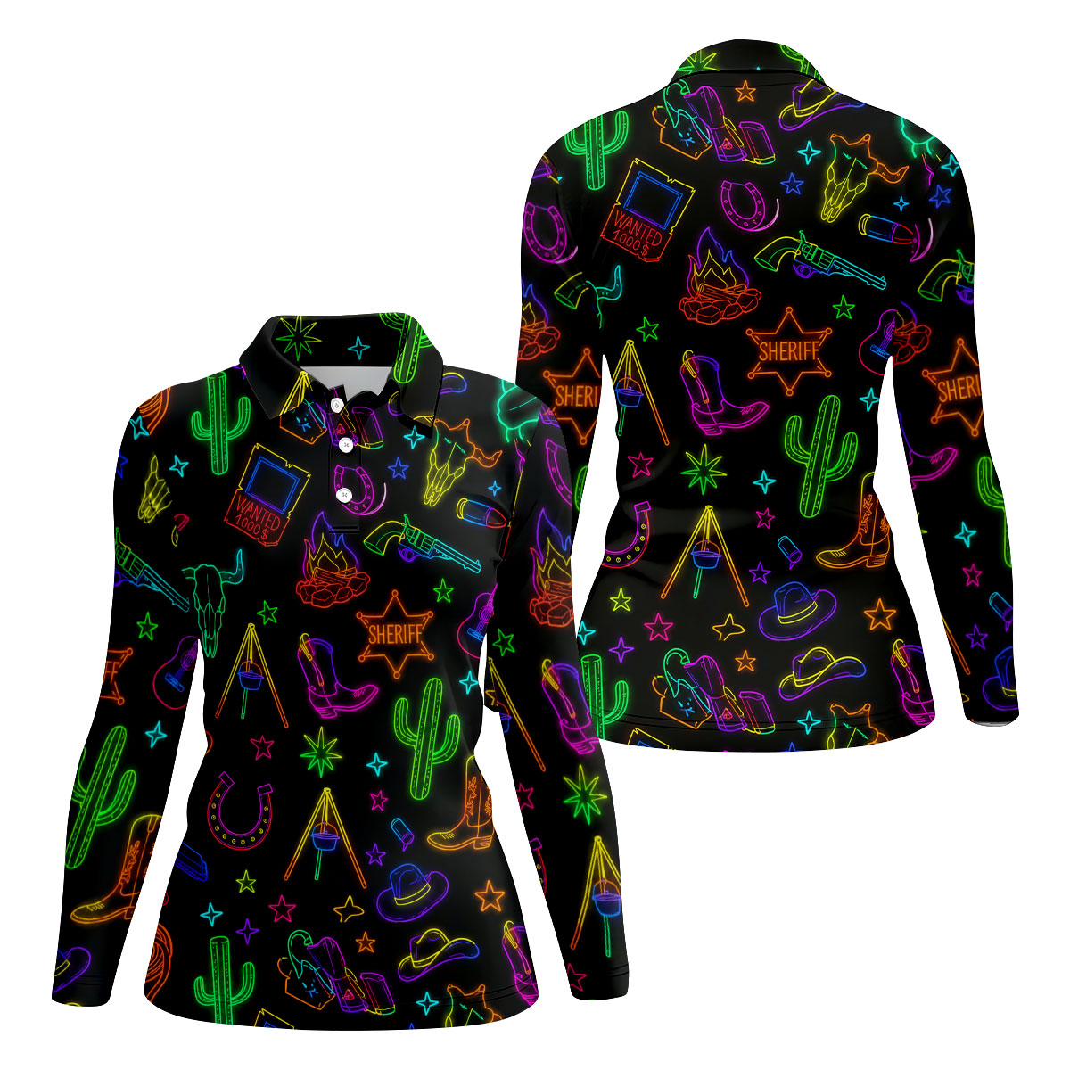 Neon Western Cowboy Pattern Golf Polo Shirt, Ladies Golf Shirts, Women's Golf Polo