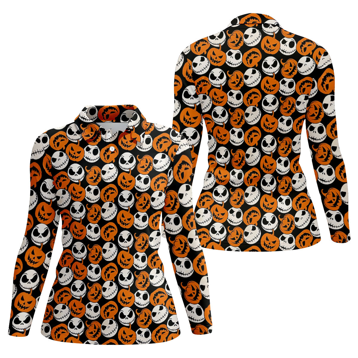 Halloween Skull Pumpkin Pattern Golf Polo Shirt, Ladies Golf Tops, Golf Shirts For Women