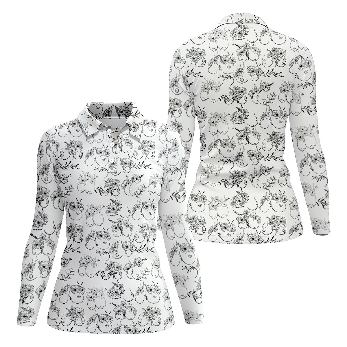 Floral Boobs Line Art Golf Polo Shirt, Women's Golf Shirts, Golf Apparel For Women