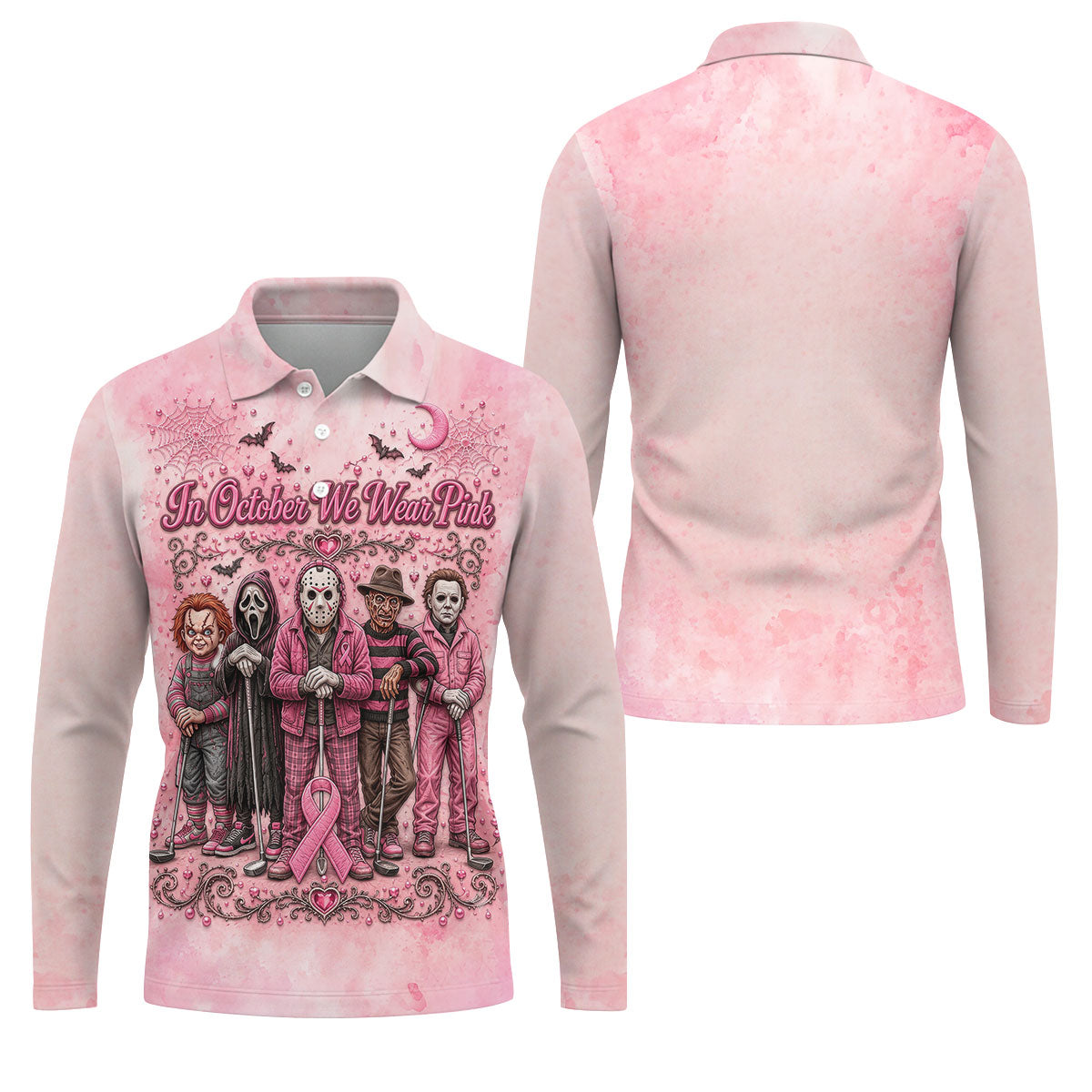 In October We Wear Pink Breast Cancer Horror Characters Golf Polo, Polo Shirts For Men