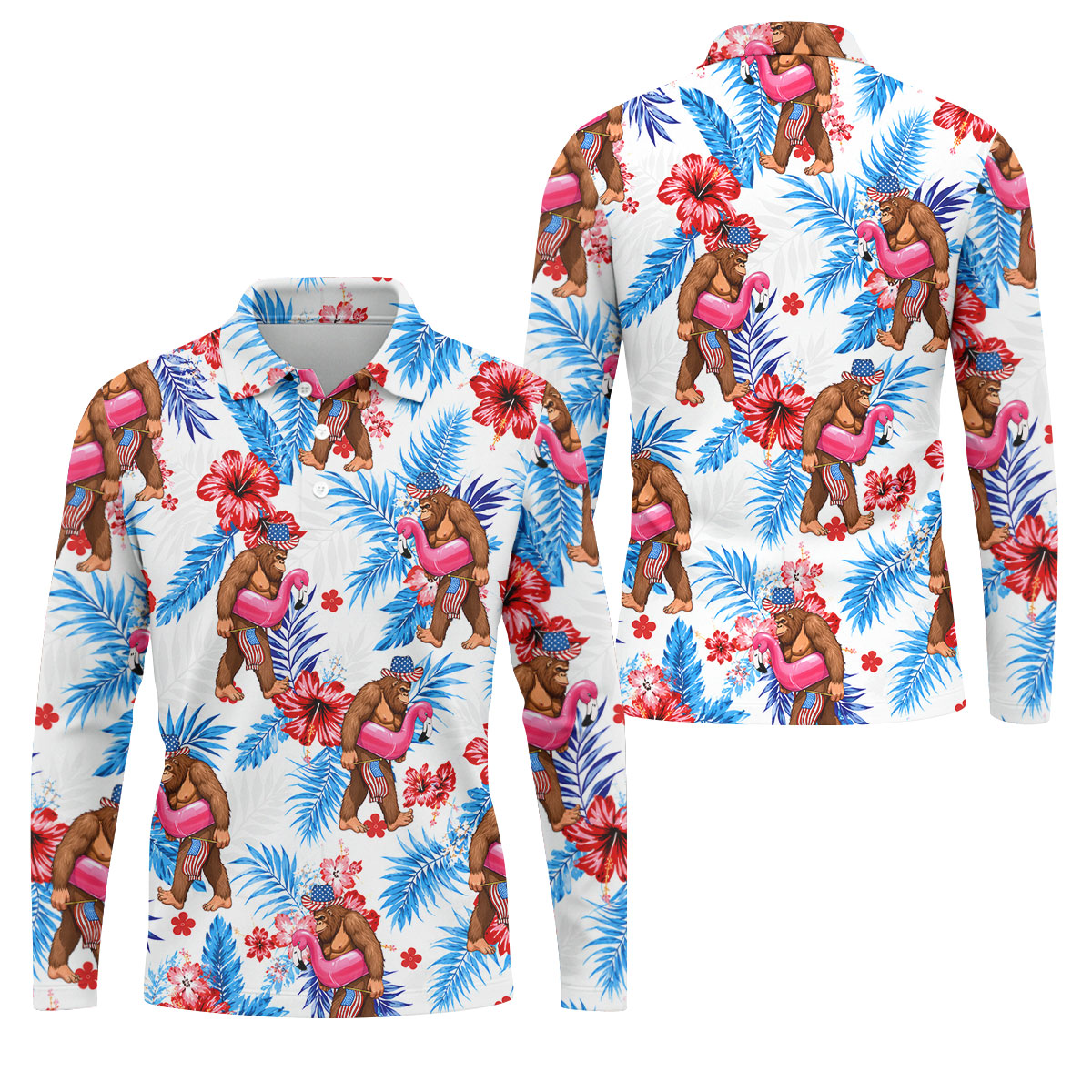 Bigfoot Flamingo Float Tropical Hawaiian Golf Shirt, Hawaiian Golf Shirt, Mens Golf Shirts