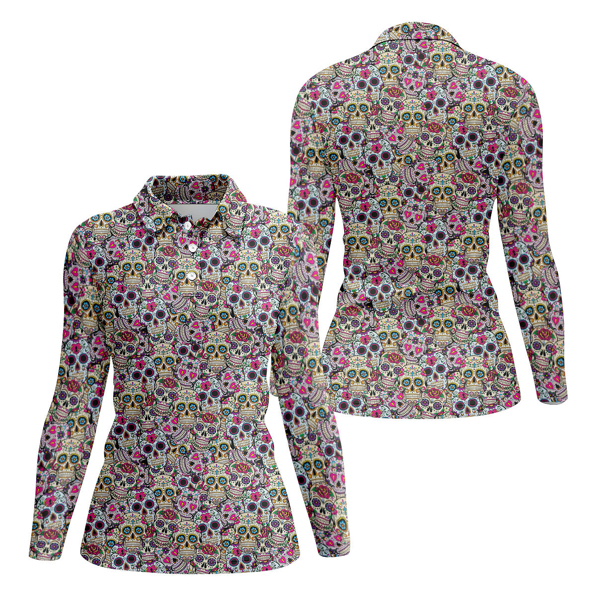 Colorful Sugar Skull Floral Golf Polo Shirt, Golf Shirts For Women, Women’s Golf Polo