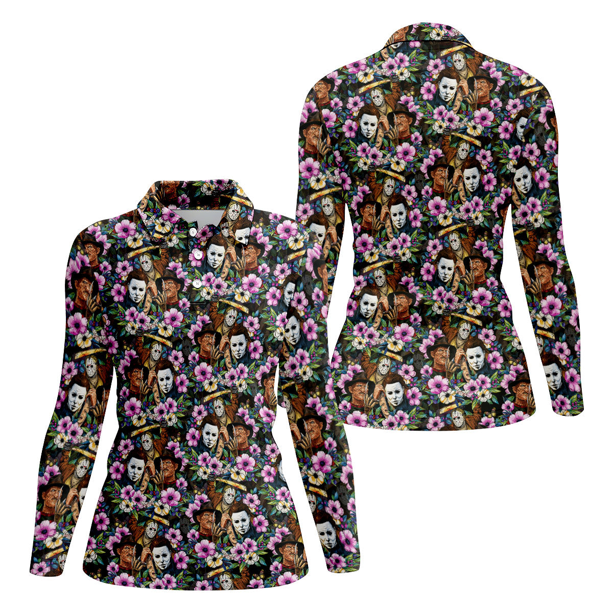 Floral Horror Character Halloween Golf Polo Shirt, Horror Movie Shirt, Women's Golf Polo