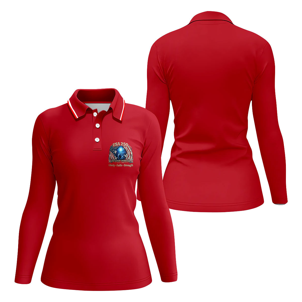 One Nation Under God Faith Cross USA 250 Logo Red Golf Shirt, 4th Of July Golf Shirt For Women