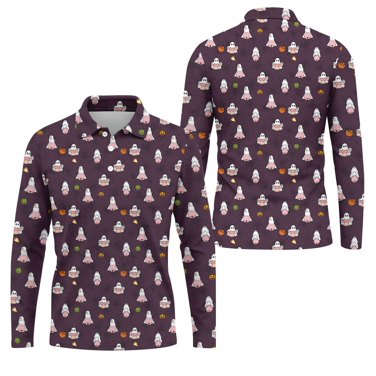 Cute Ghost Butt Halloween Pattern Golf Polo Shirt, Mens Golf Polo, Printed Golf Shirts