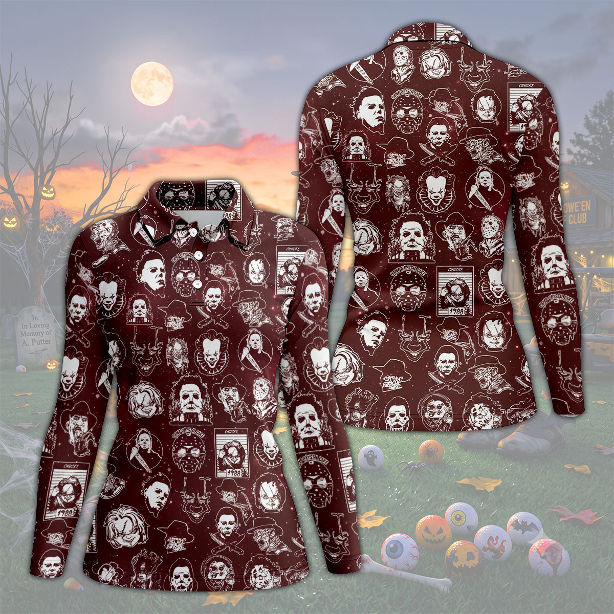Vintage Halloween Horror Character Pattern Golf Shirt, Women's Golf Polo, Printed Golf Shirt