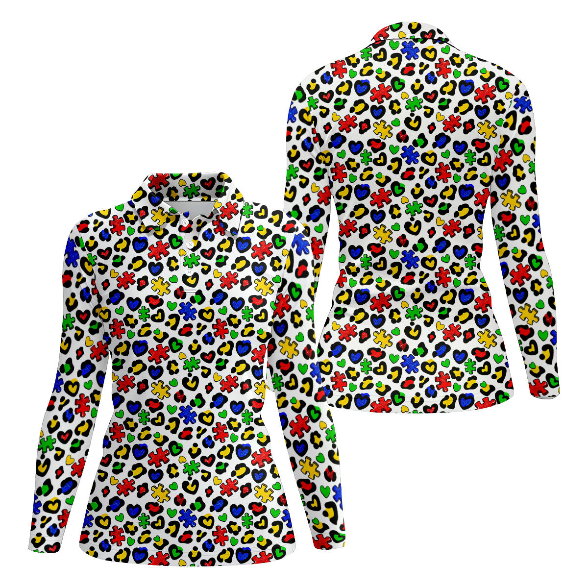 Autism Awareness Color Leopard Pattern White Golf Shirt, Women's Golf Tops, Ladies Golf Shirts, Ladies Golf Polos