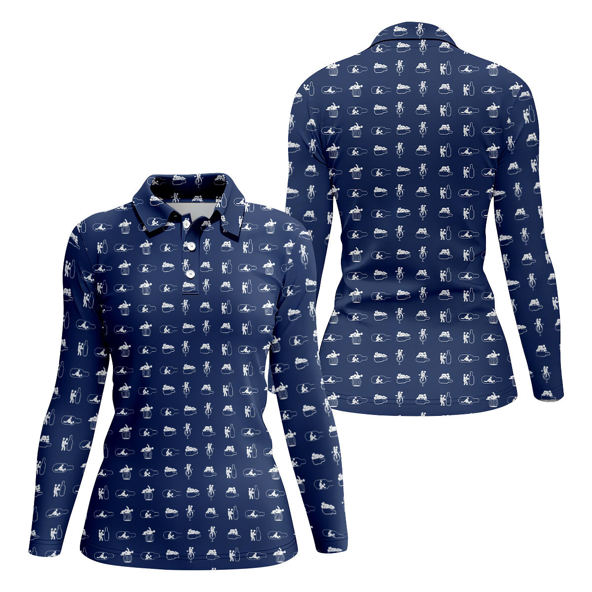 Navy Funny Adult Drinking Pattern Golf Polo Shirt, Golf Tops For Women, Ladies Golf Tops