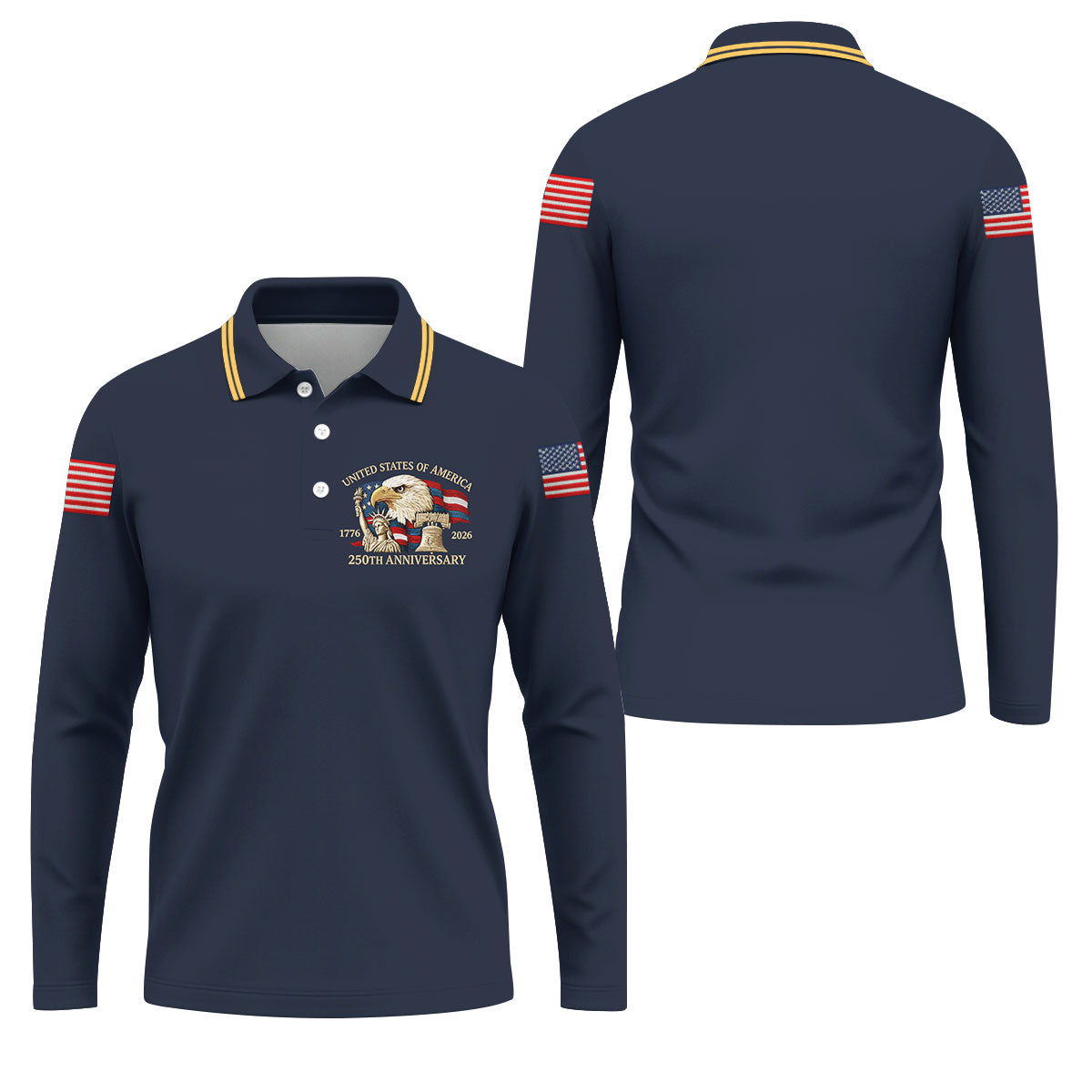 Bald Eagle American Flag 250 Years Navy Golf Shirt, Patriotic 4th Of July Golf Shirts For Men