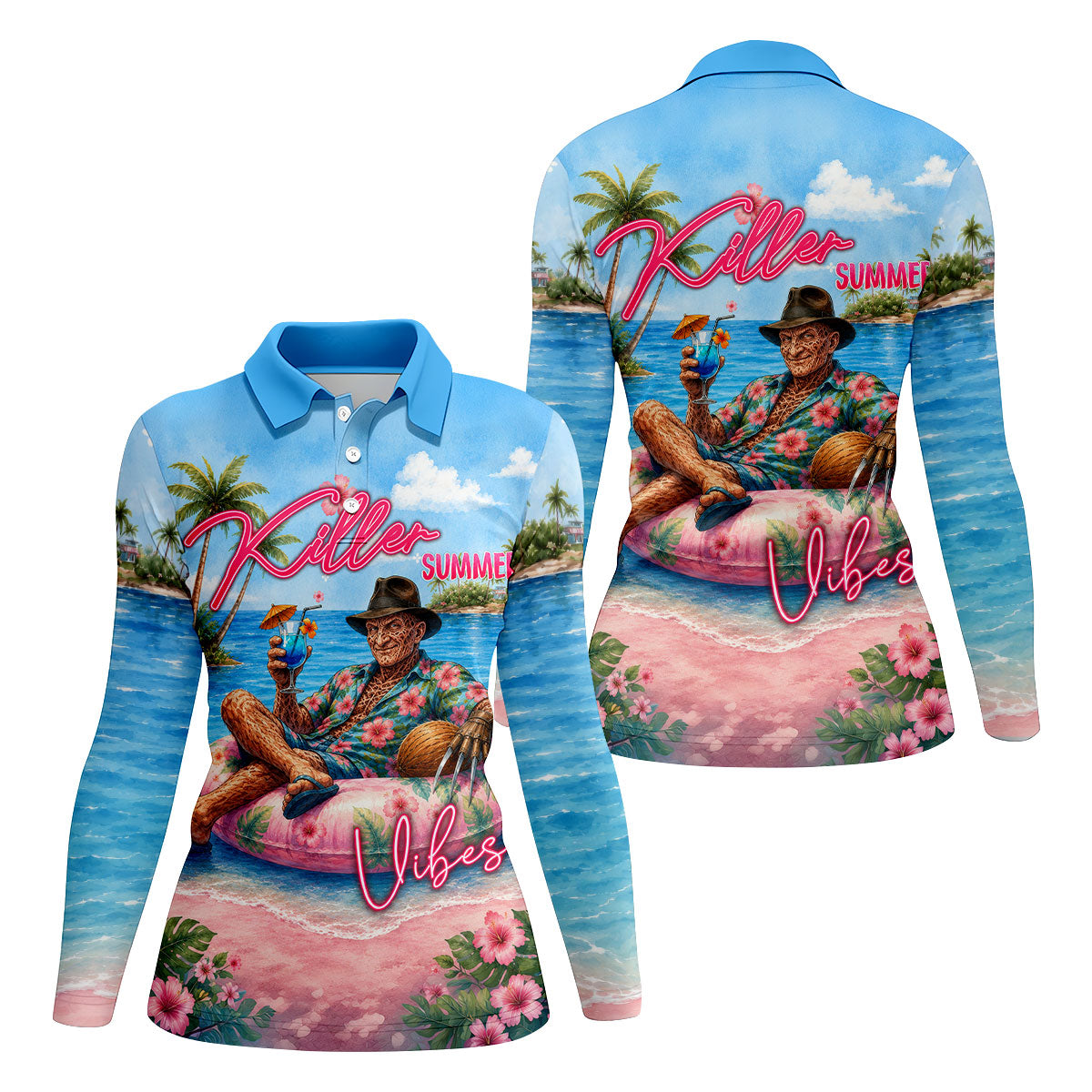 Killer Summer Vibes Burned Slasher Golf Polo Shirt, Women's Golf Polo, Ladies Golf Tops