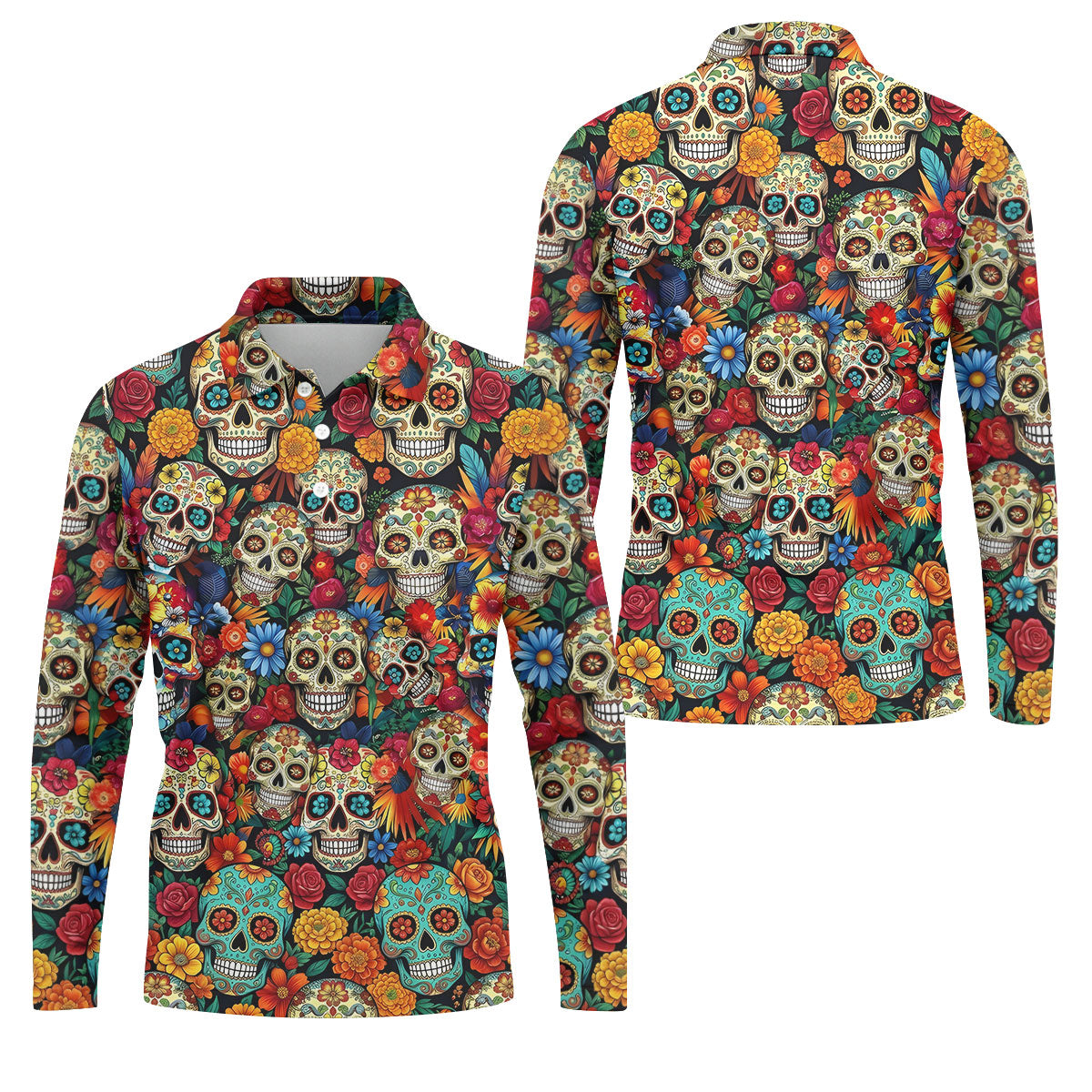 Sugar Skulls Cinco De Mayo Celebration Fiesta Golf Polo For Men, Floral Pattern Golf Shirts For Men